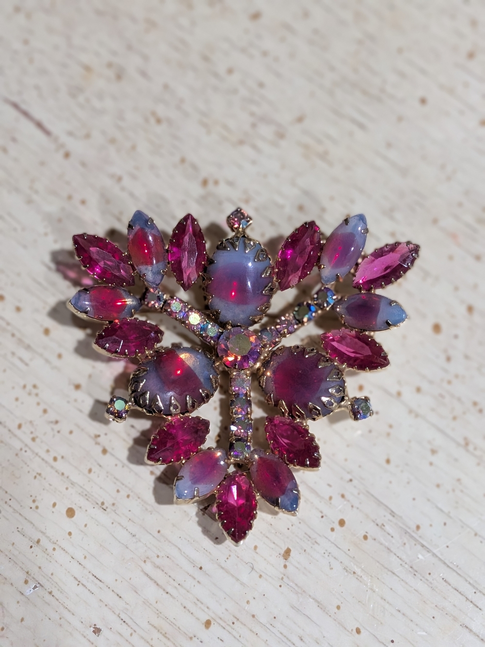 Vintage Opalescent Pink and Purple Crystal Brooch Rare